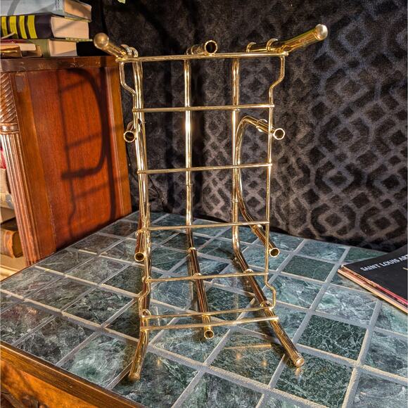 Vintage MCM Polished Brass Faux Bamboo Magazine Rack or Blanket Wood Book Holder - Picture 5 of 8